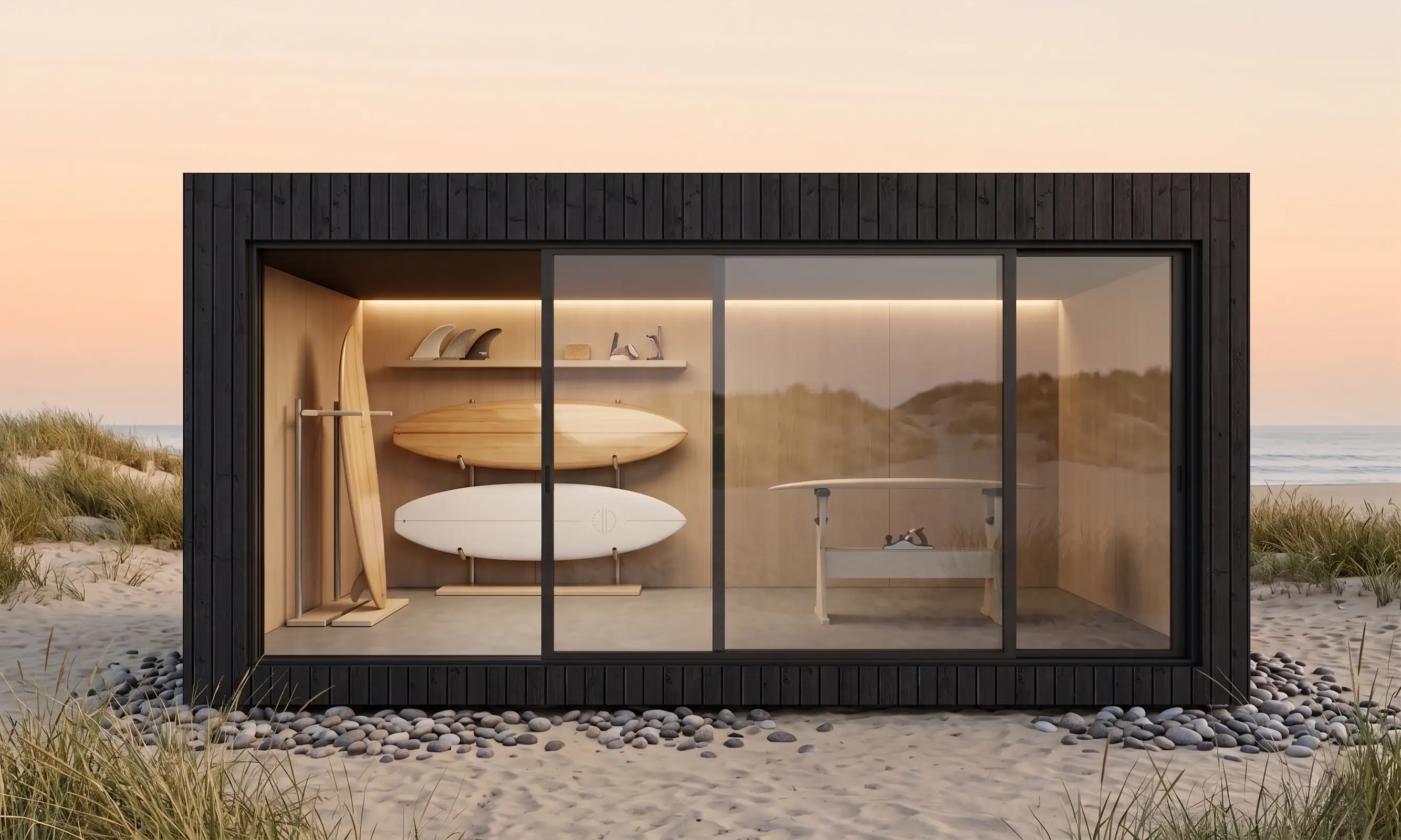 Comercial tienda surf modulo dunas atardecer
