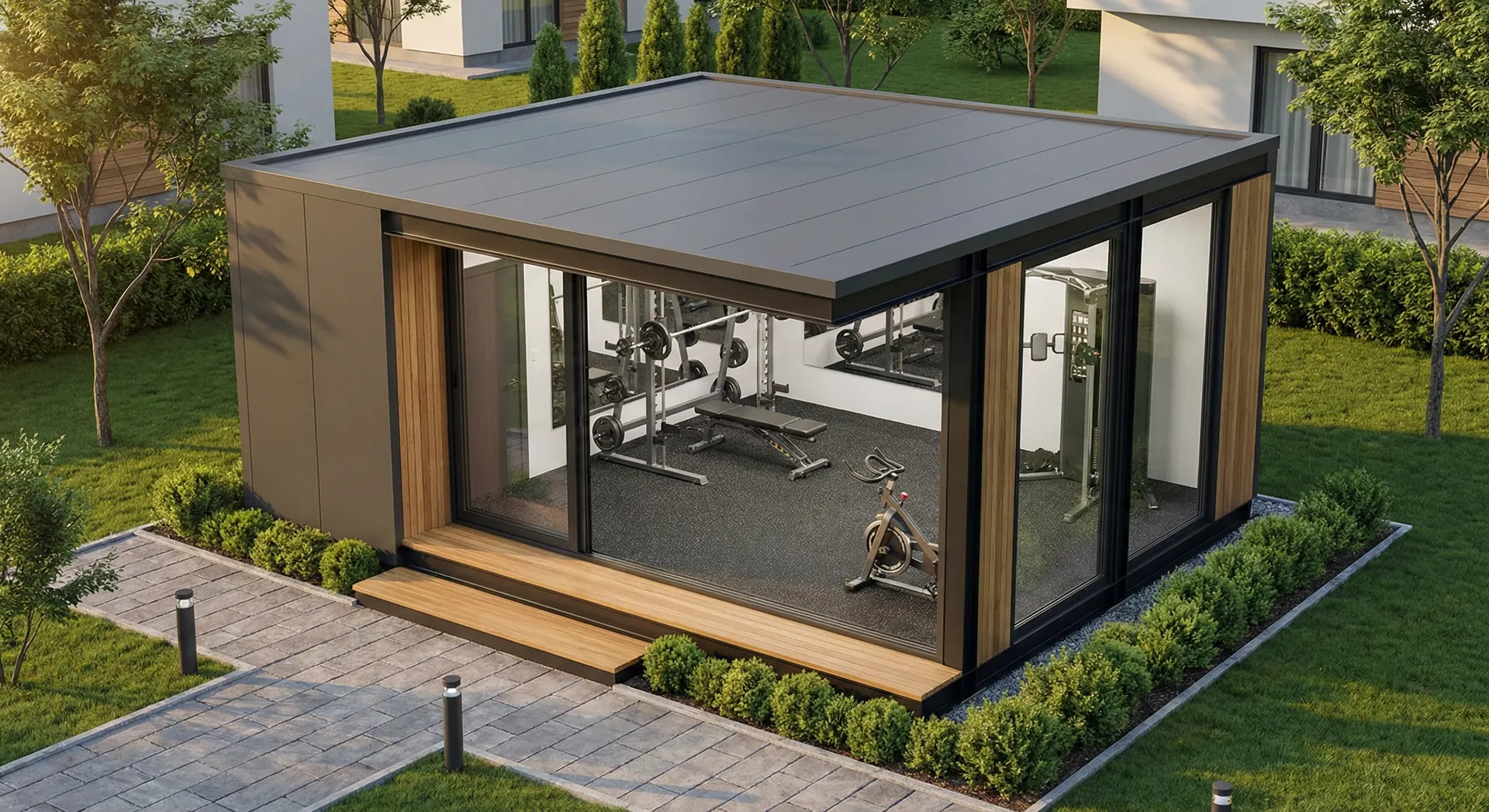 Gimnasio prefabricado en jardín exterior