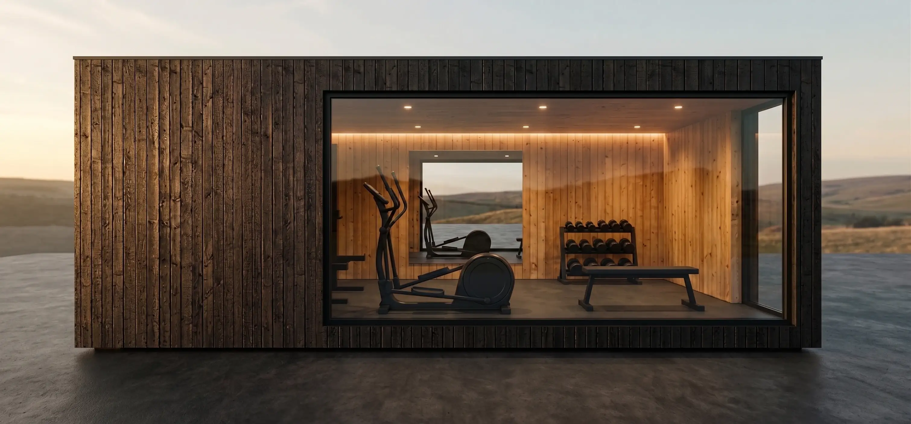 Gimnasio modulo cardio ventana interior lago