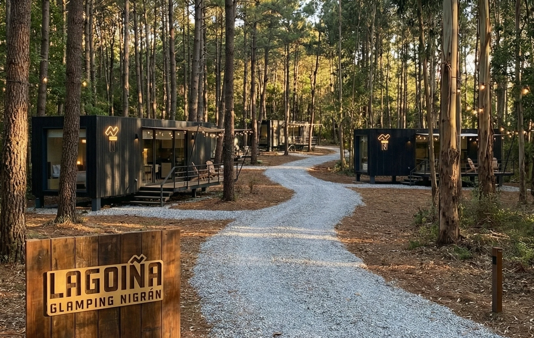Hotelero glamping camino cabanas bosque atardecer