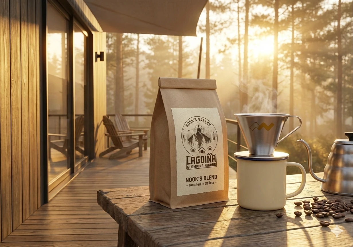 Hotelero glamping detalle cafe terraza bosque