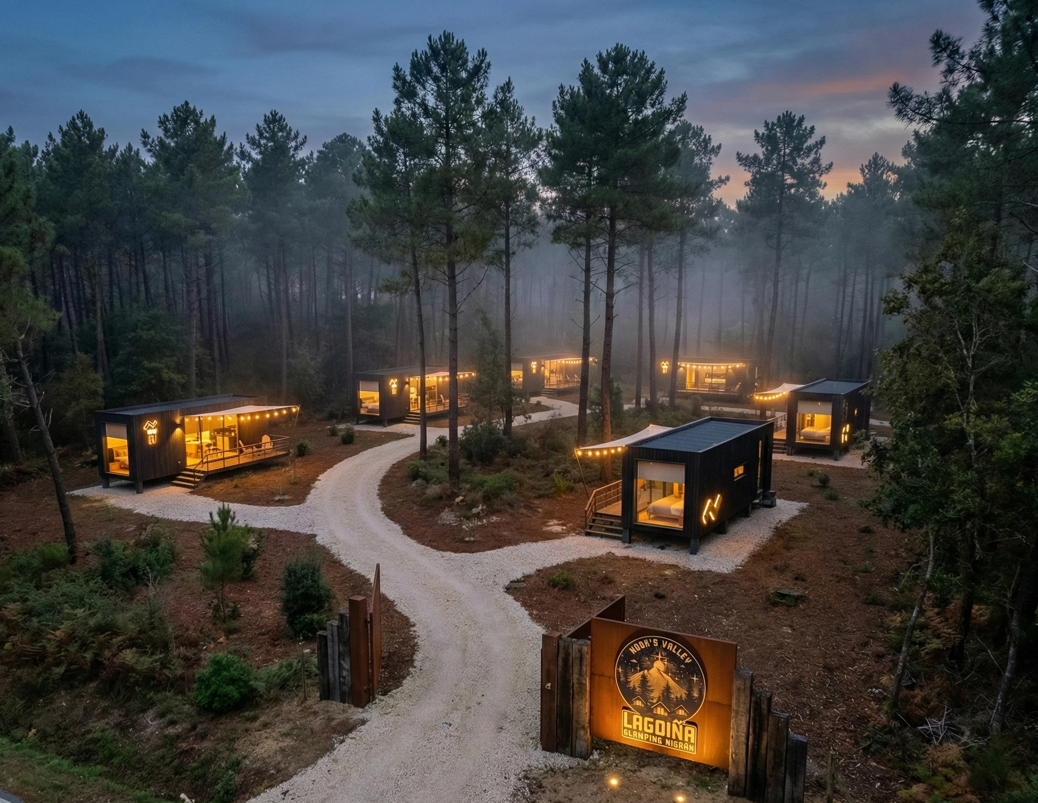 Hotelero glamping vista aerea bosque noche