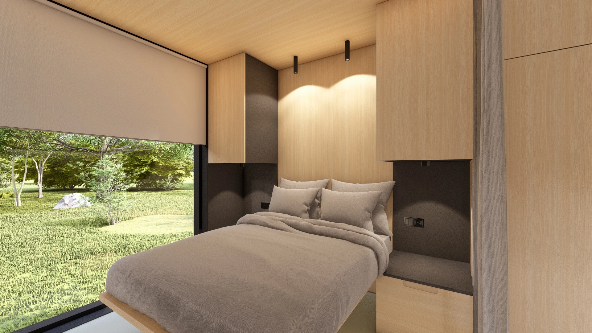 Hotelero interior dormitorio vista jardin
