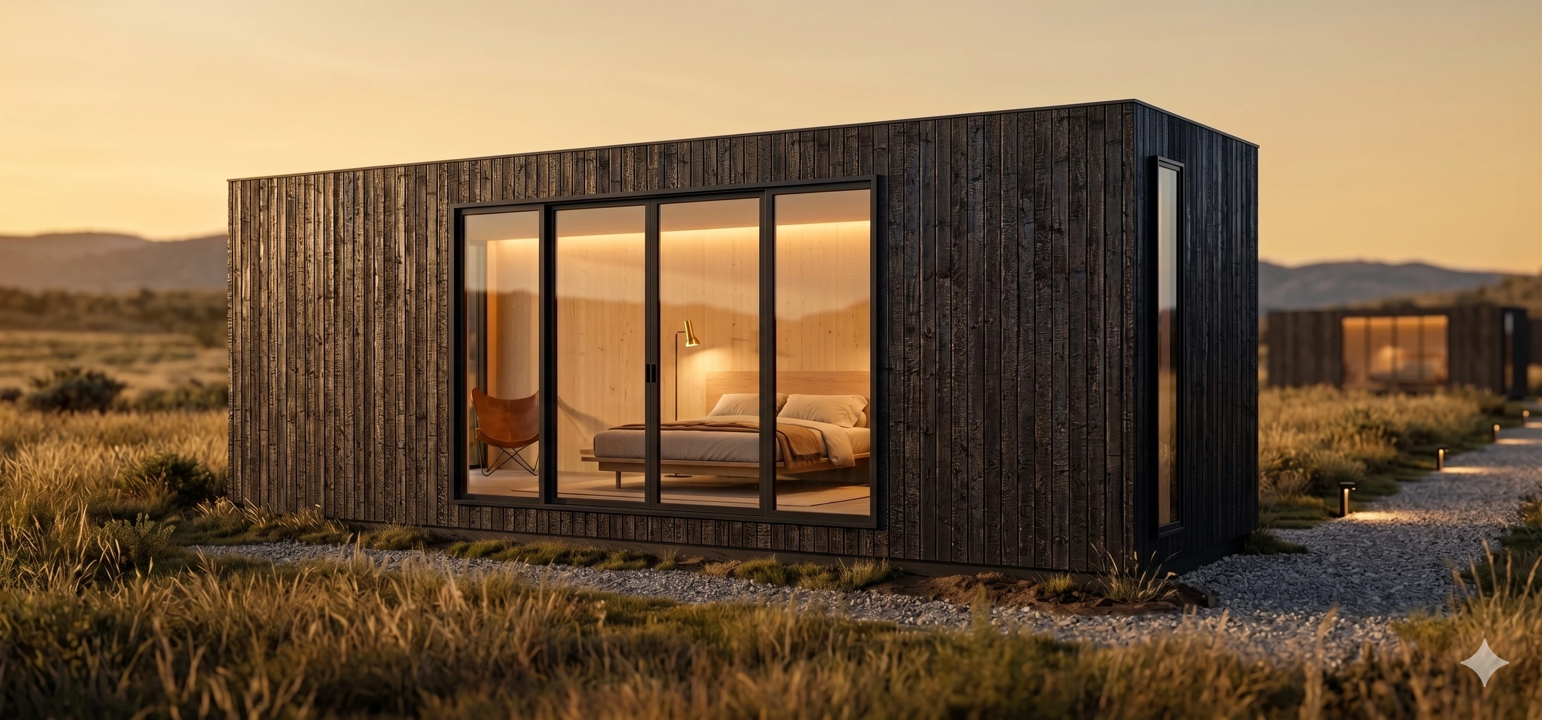 Hotelero modulo glamping campo atardecer calido