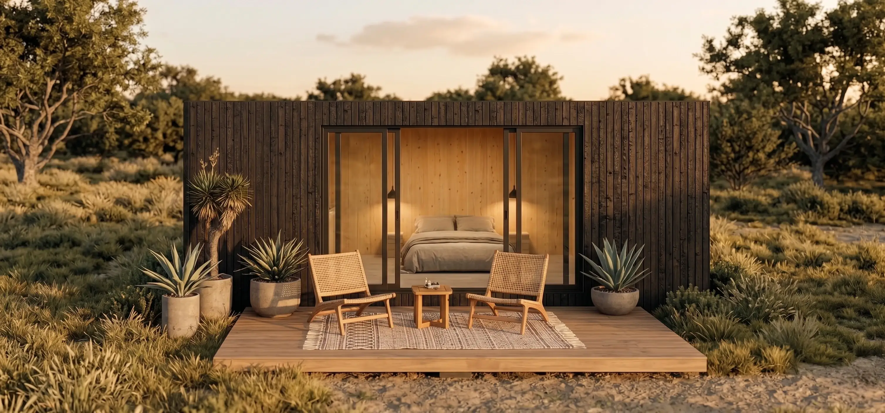 Hotelero modulo prefabricado suite terraza campo