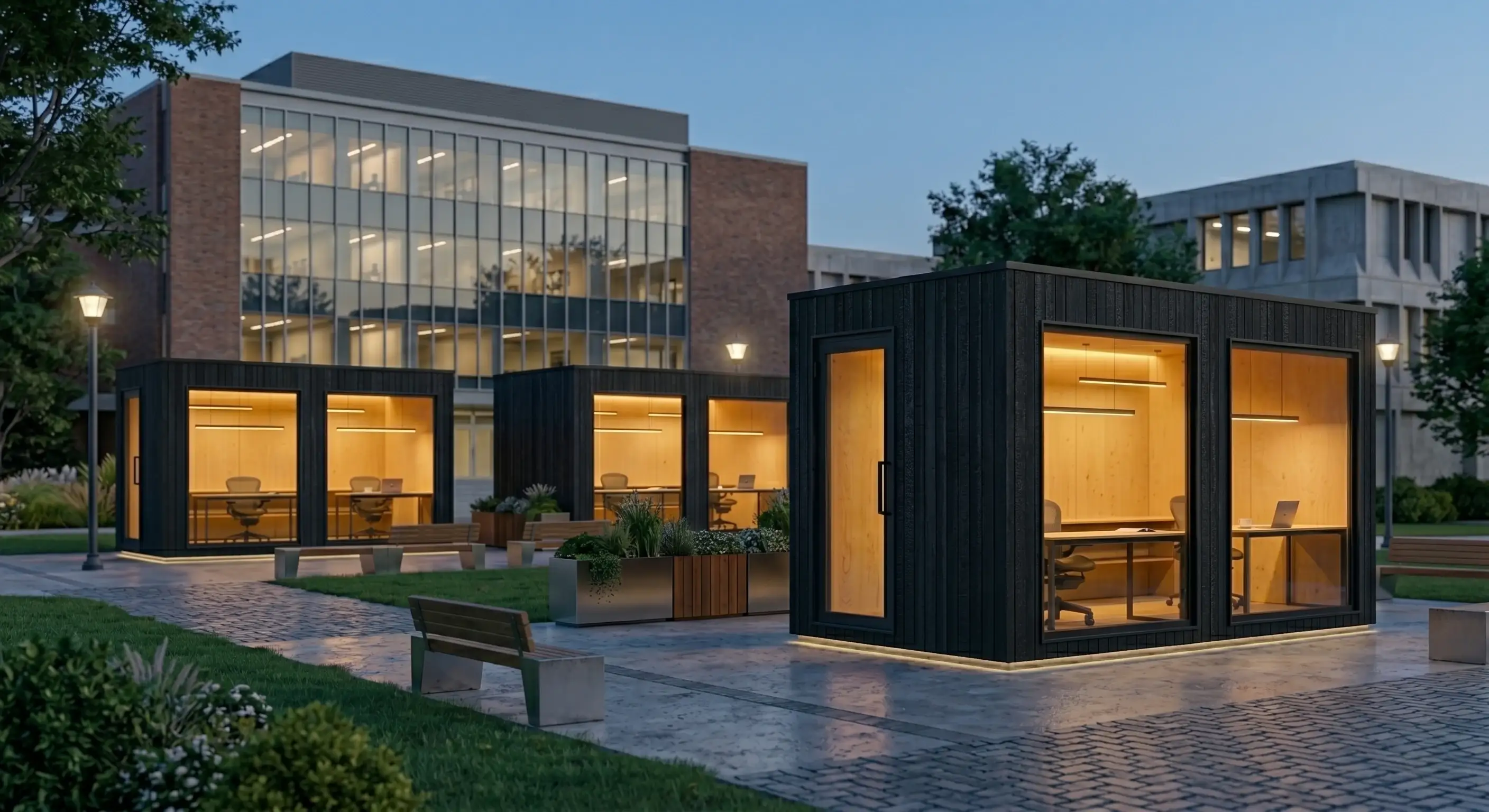 Oficina modular campus exterior noche ciudad