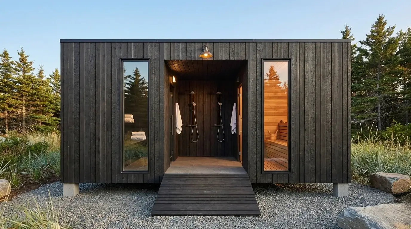 Sauna prefabricada ducha exterior bosque pinos