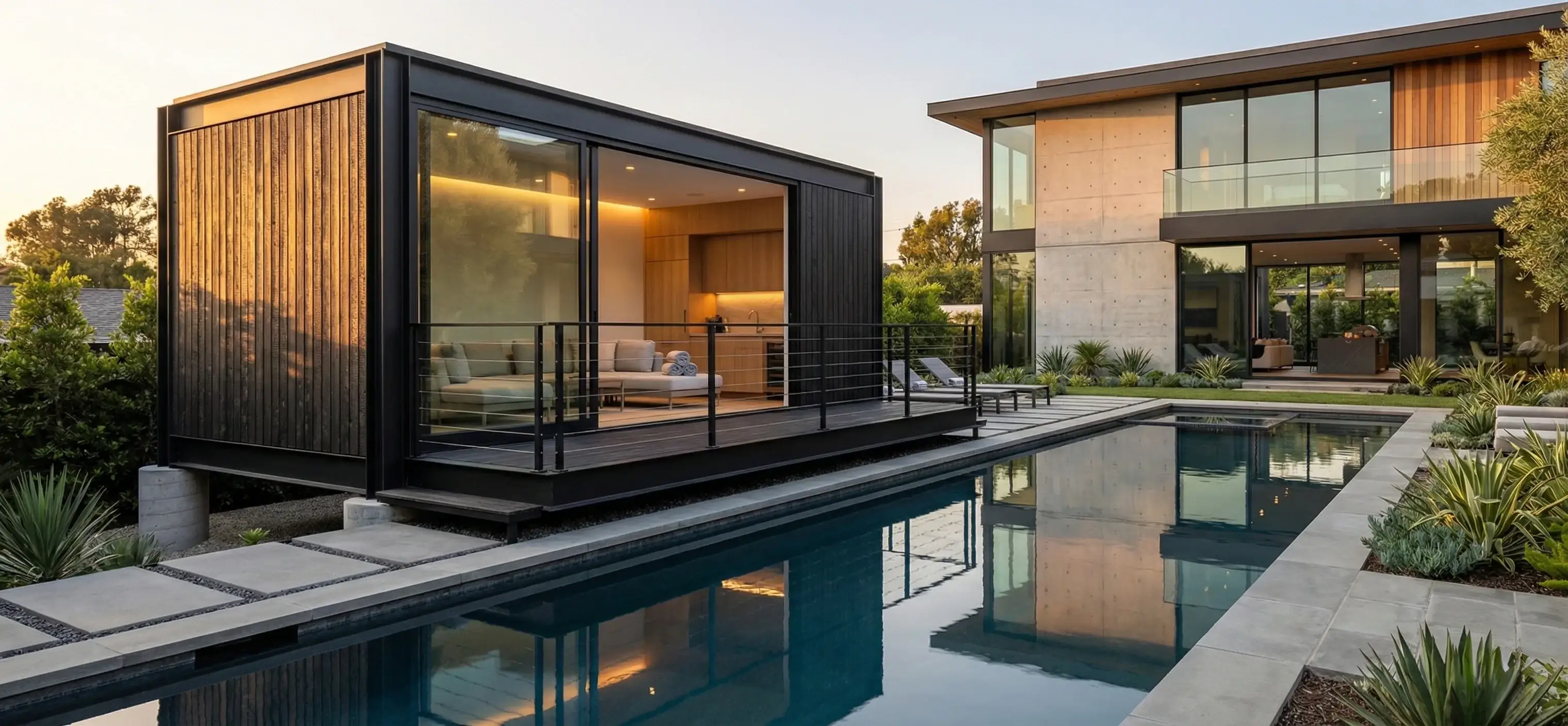 Suite prefabricada junto piscina jardin