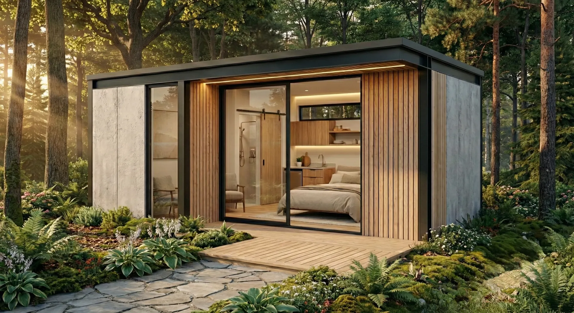 Suite prefabricada con baño en el bosque