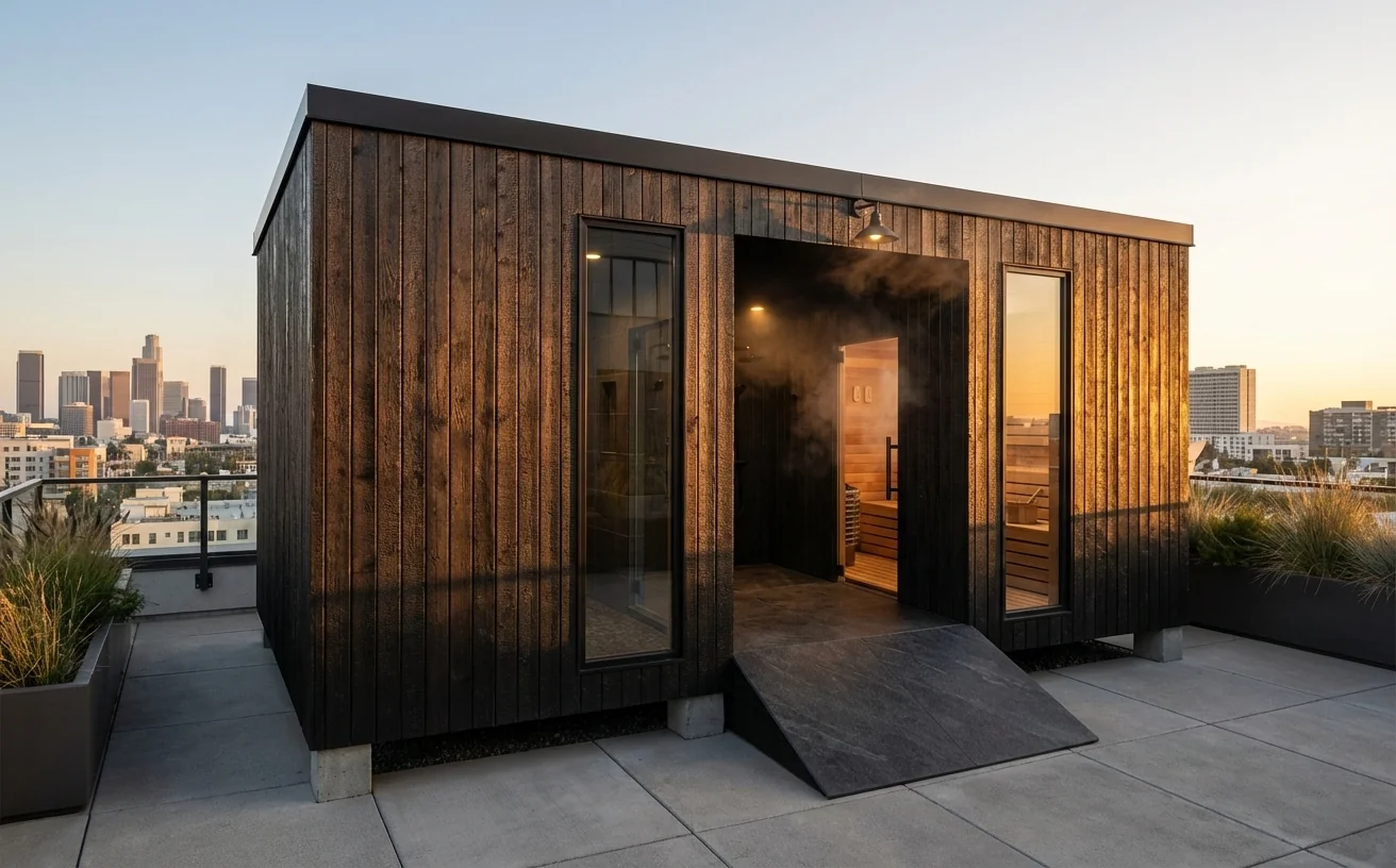 Sauna prefabricada en azotea al amanecer