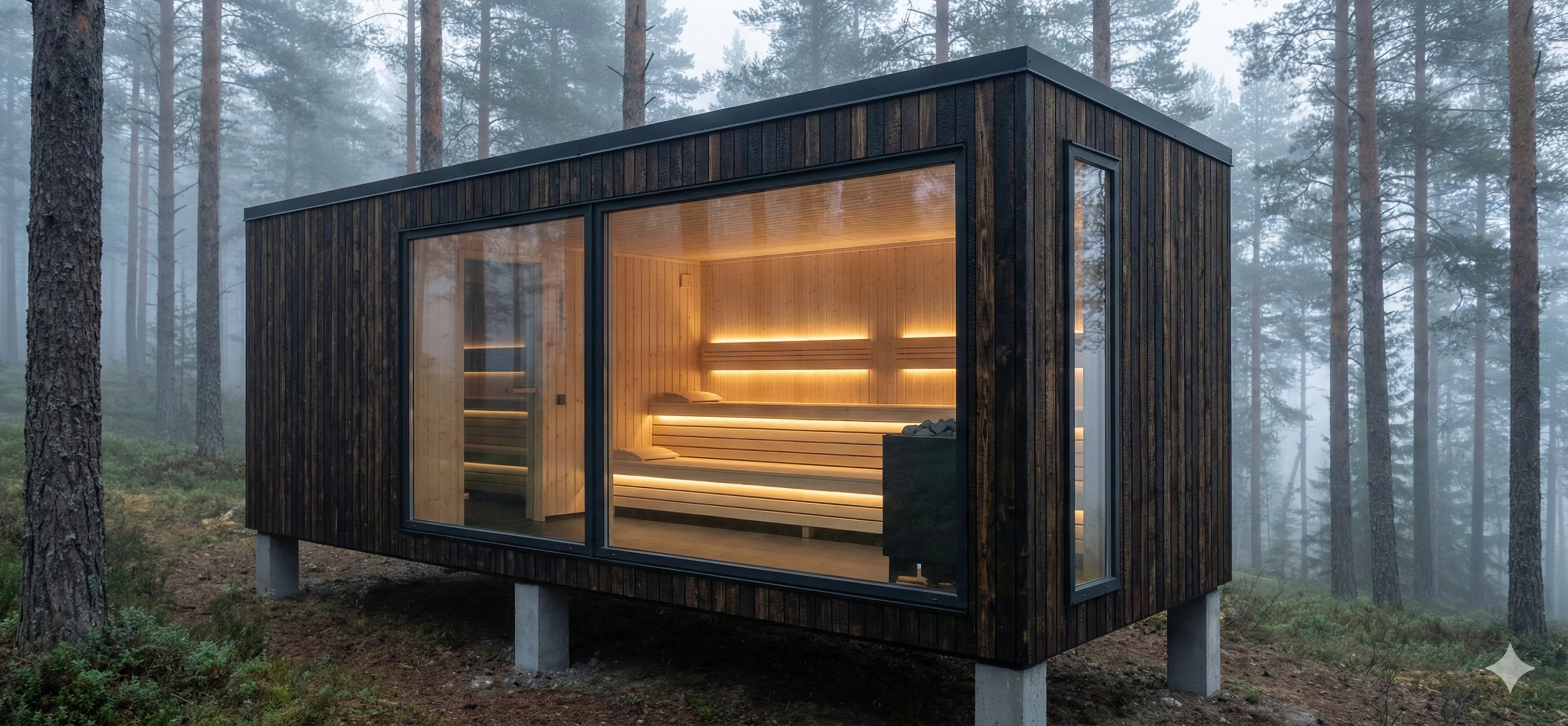 Sauna prefabricada módulo en bosque exterior